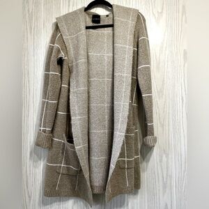 Cyrus Size S Open Long Cardigan Cozy Hood Pocket Striped Beige Cream Windowpane